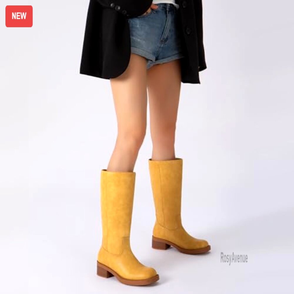 Knee High Square Toe Boots Chunky Heel Slip On Riding Boots Women's - Picture 2 of 7